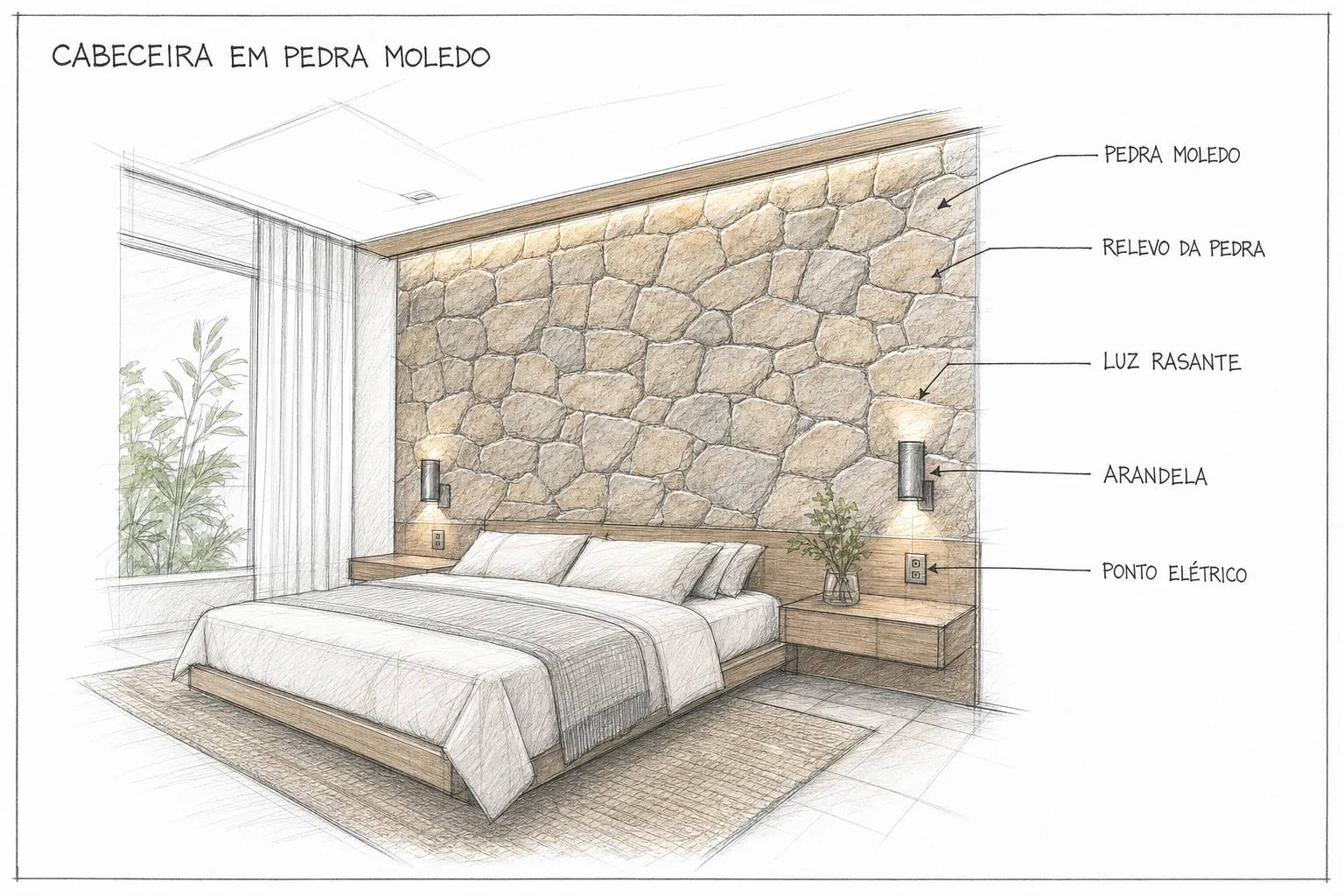 Cabeceira de Pedra Moledo no Quarto
