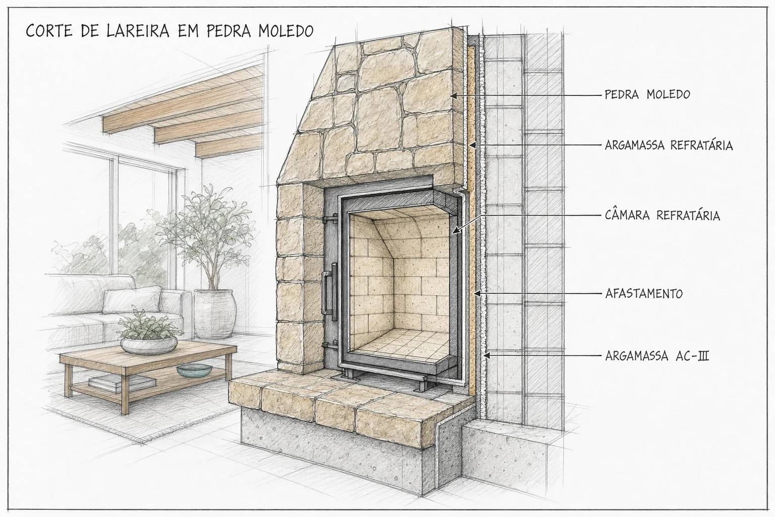 Lareira em Pedra Moledo: revestimento e argamassa