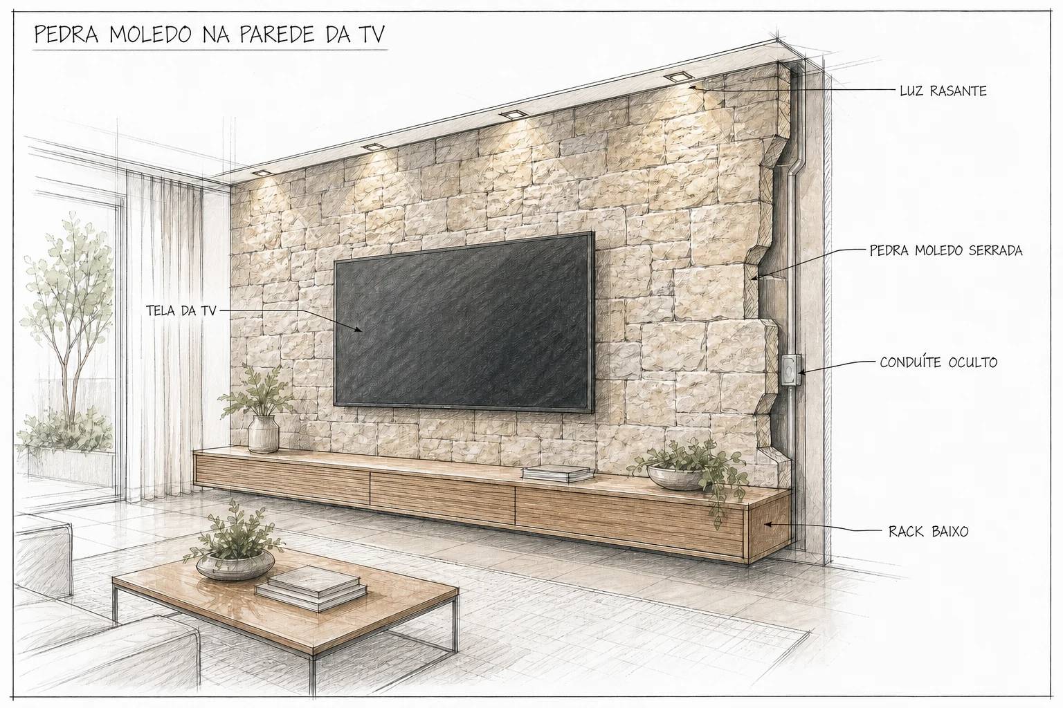 Painel de TV com Pedra Moledo Natural